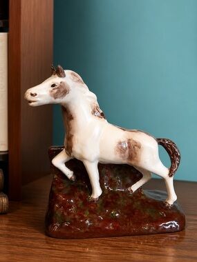 Vintage White Brown Horse Standing Ceramic Studio Art Figurine
